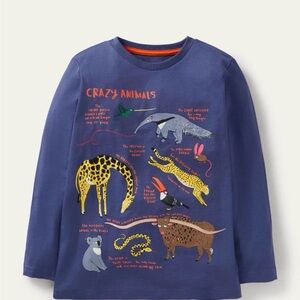 Mini Boden Crazy Animals facts Kids Blue Shirt 5/6